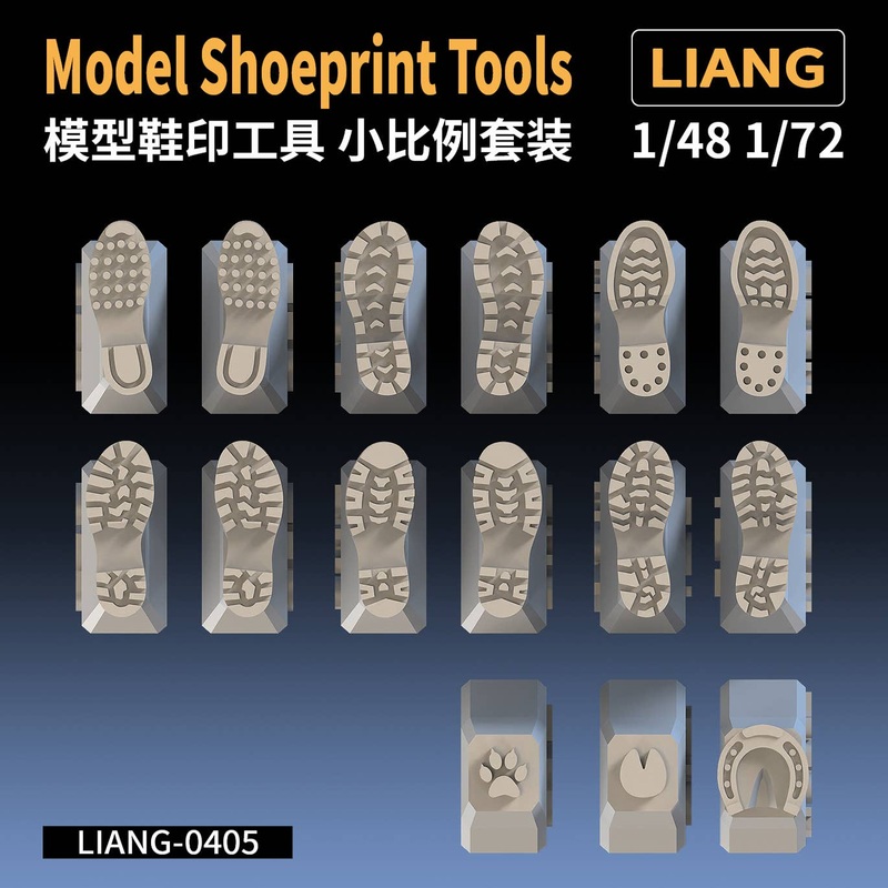 3D-Printed Shoeprint Tools (WWII USSR, USA, German, Modern German, Russian, USA/IDF) + Cat, Pig, and Horse (1/48 & 1/72)