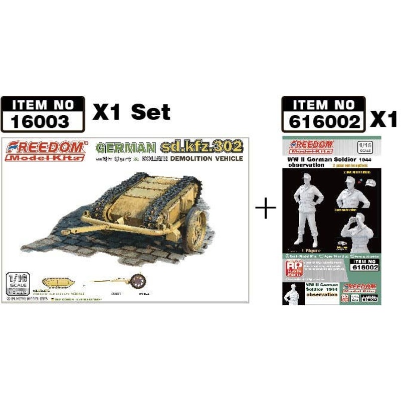 1/16 WW2 Sdkfz 302 Goliath Demolition Vehicle & with Cart + German soldier observation, 1944