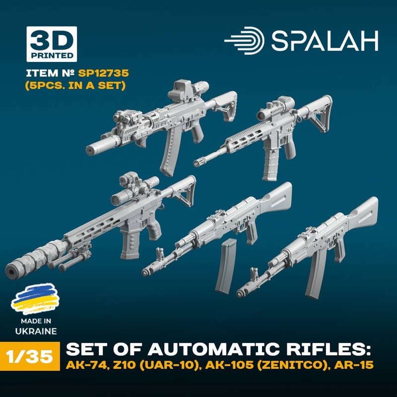 1/35 Set of scale models Automatic rifles: AK-74, AK-74 without magazine, Z10 (UAR-10), AK-105 (ZENITCO), AR-15, (5 pcs)