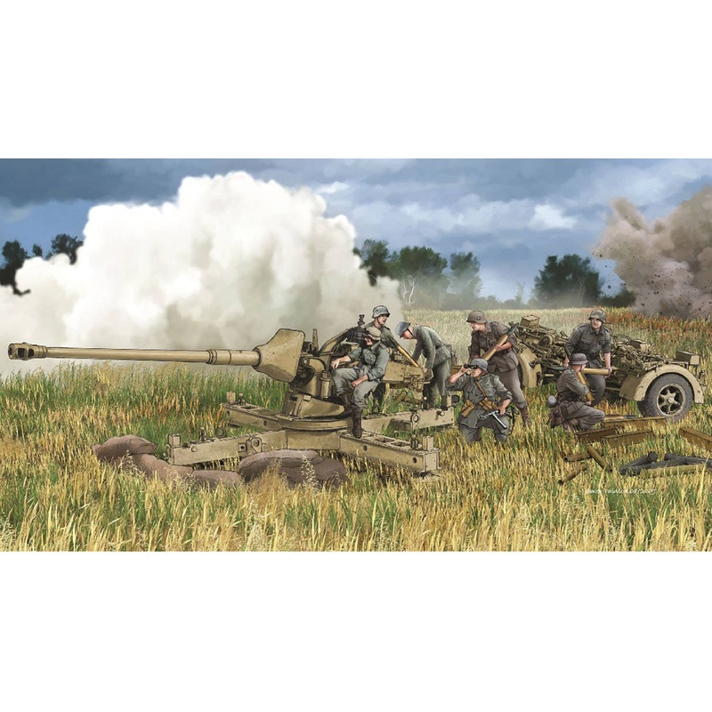 1/35 WWII German 88mm Anti-Tank Gun Pak 43/3 L/71 w/ Simple Gun Mount, Aluminum Barrel, 3D Printed Muzzle Brake, Metal Shells, & 4 Artillery Figures -- Luxurious Edition