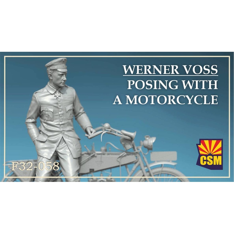 1/32 Werner Voss posing with a motorcycle