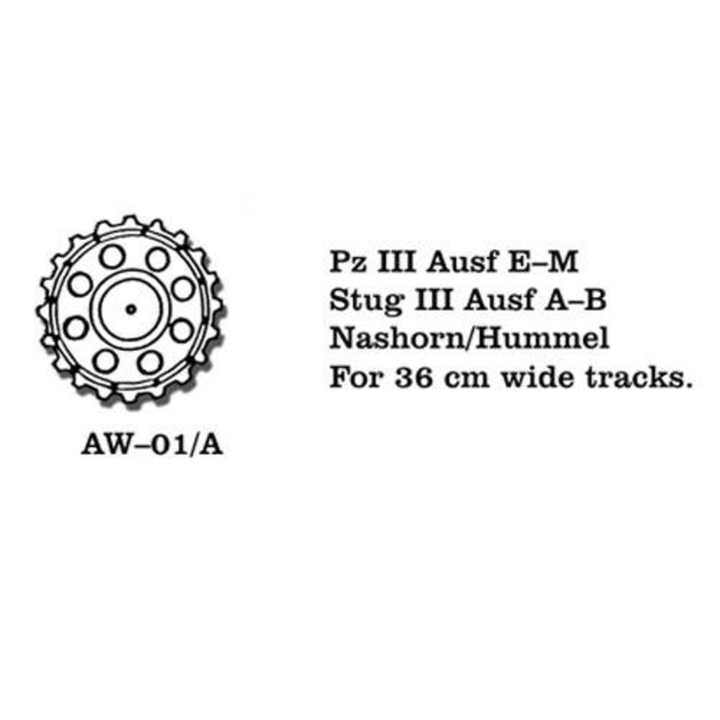 1/35 Pz III Ausf E-M, Stug III Ausf A-B, Nashorn/Hummel Metal Wheels for 36cm wide tracks
