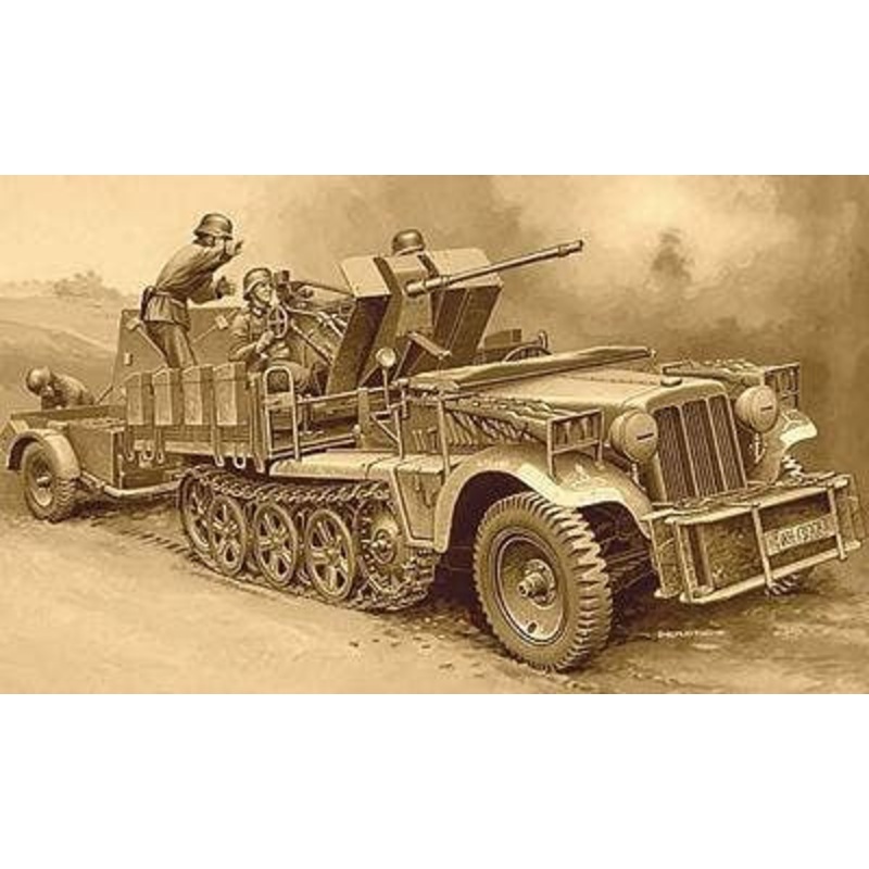 1/35 WWII German Sd.Kfz.10/4 1-Ton Half-Track w/ 2cm FlaK30 Anti-Aircraft Gun & Ammunition Trailer, 4 Figures Included