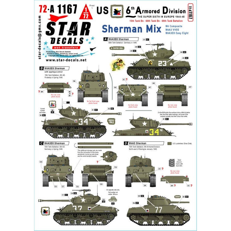 1/72 US 6th Armored Division # 1. Sherman Mix. M4 Composite, M4A3, M4A3E8.