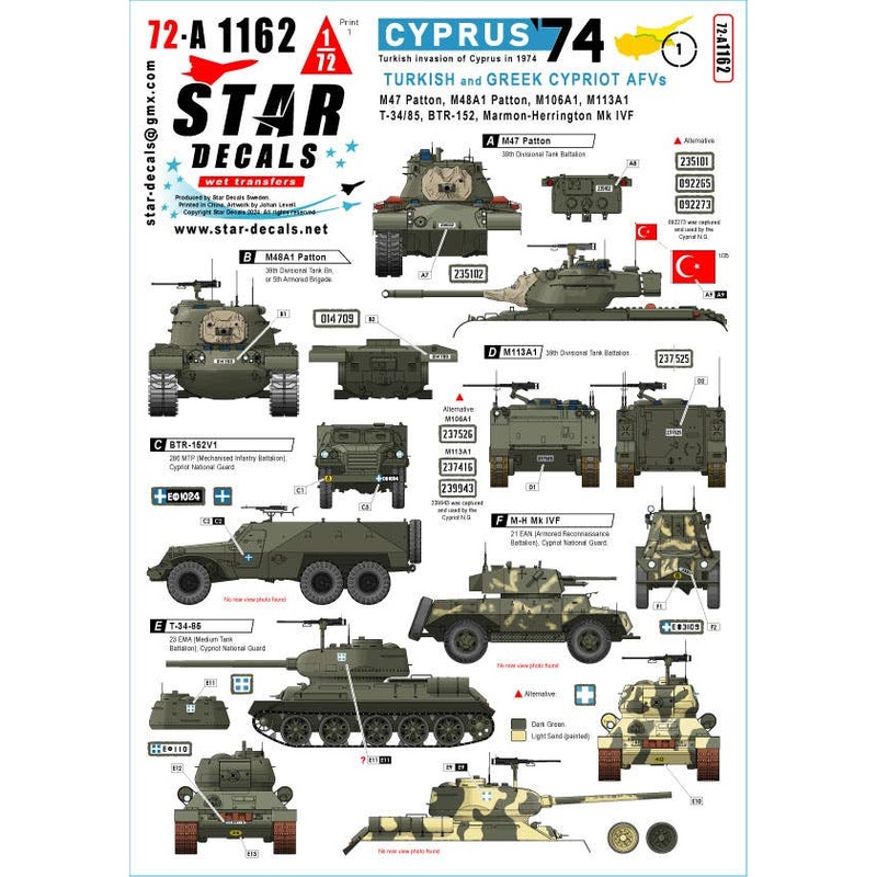 1/72 Cyprus 1974 # 1. Turkish and Greek Cypriot AFVs. M47, M48A1, M106A1, M113A1, T-34/85, BTR-152, Marmon-H Mk IVF.