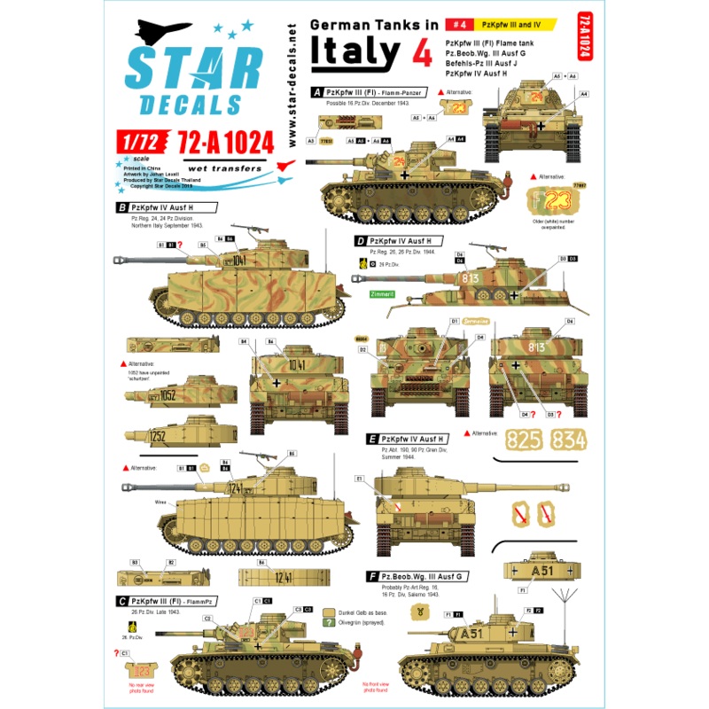 1/72 German Tanks in Italy #4 Pz III Flame-tank, Pz-Beob Wg III, Bef-PzKpfw III, PzKpfw IV H