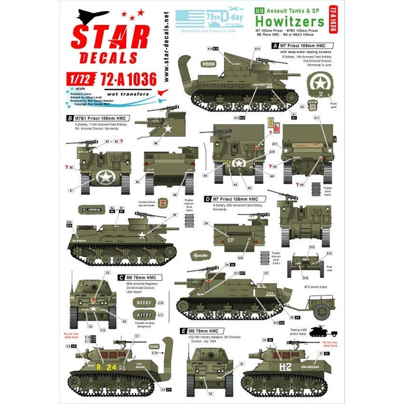 1/72 US Assault Tanks & S.P. Howitzers M7 / M7B1 105mm Priest, M8 75mm HMC, M4 105mm Sherman 75th-D-Day-Special Normandy and France in 1944