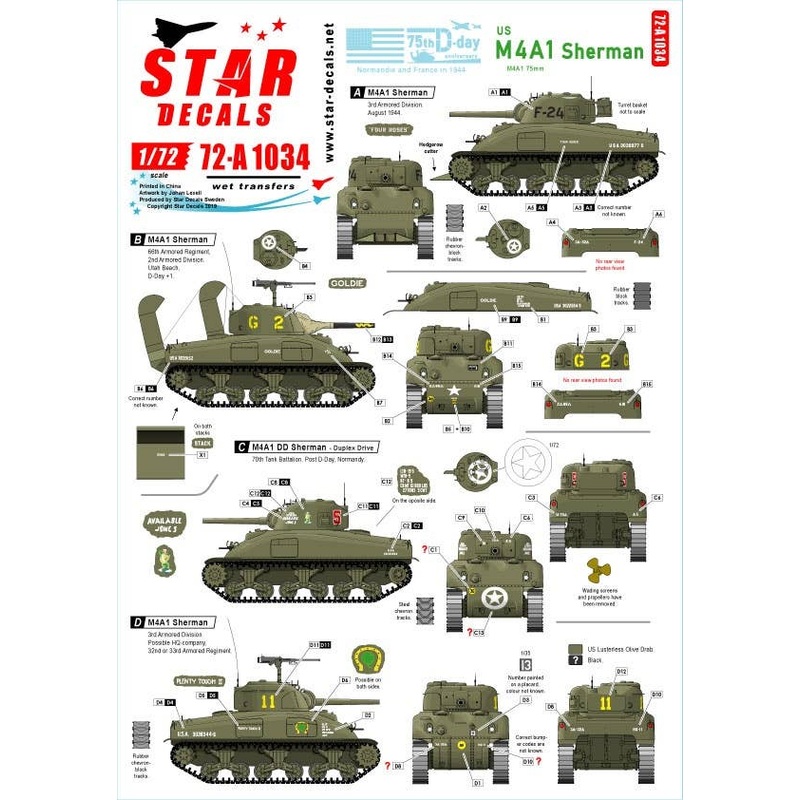 1/72 US M4A1 Sherman 75th-D-Day-Special Normandy and France in 1944