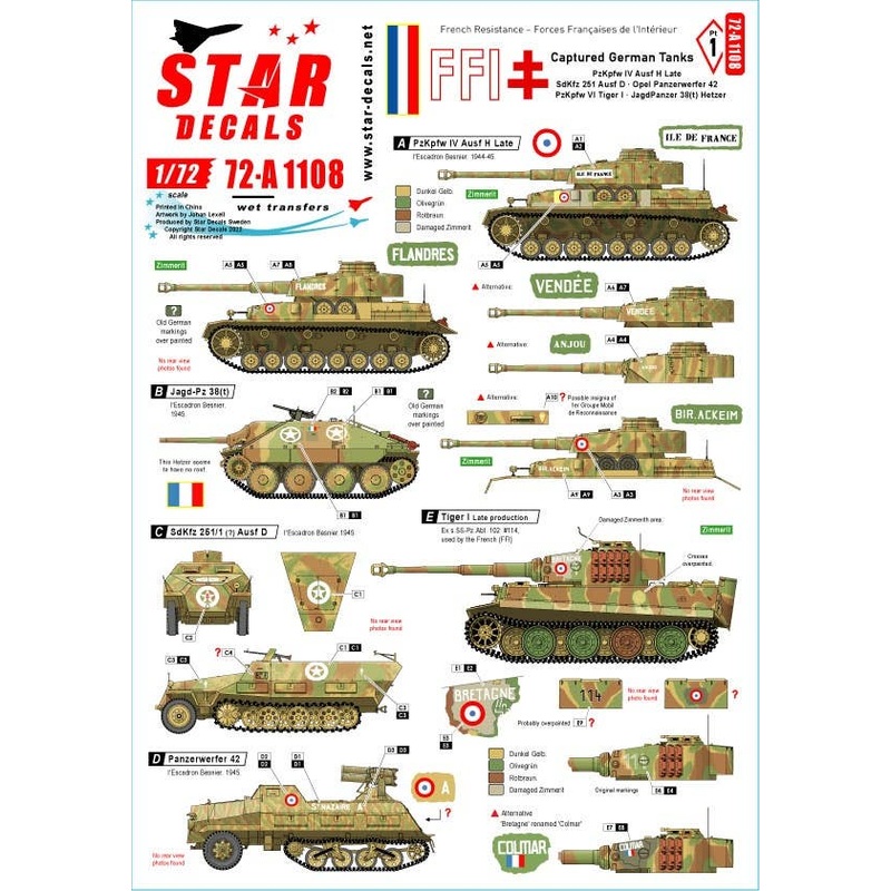 1/72 WW.II FFI #1 German Panzer IV Ausf.H Final Type SdKfz251D Panzerwerfer Tiger I Hetzer Captured by French Home Army (FFI)