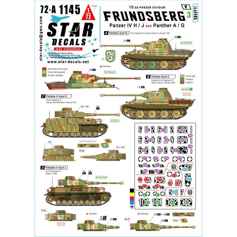 1/72 WWII German 10th SS Panzer Division Frunzberg vehicle #3 Panzer IV H/J type/Panther tank A/G type