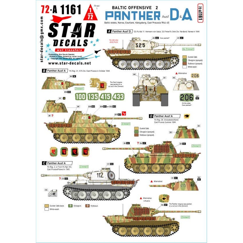 1/72 WWII Germany Baltic Sea Offensive #2 11th SS Volunteer Panzer Grenadier Division Nordland/Grossdeutschland Division/5th Panzer Division Panther Tank Type D/A (1944-1945)