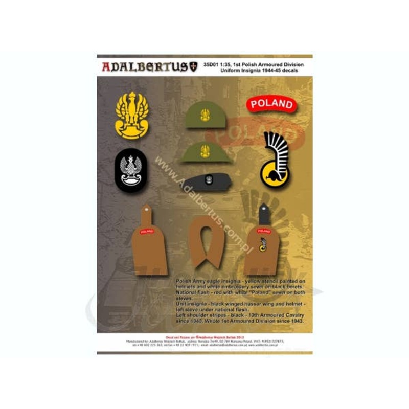 1/35 1st Polish Armoured Division Uniform Insignia Decals 1:35