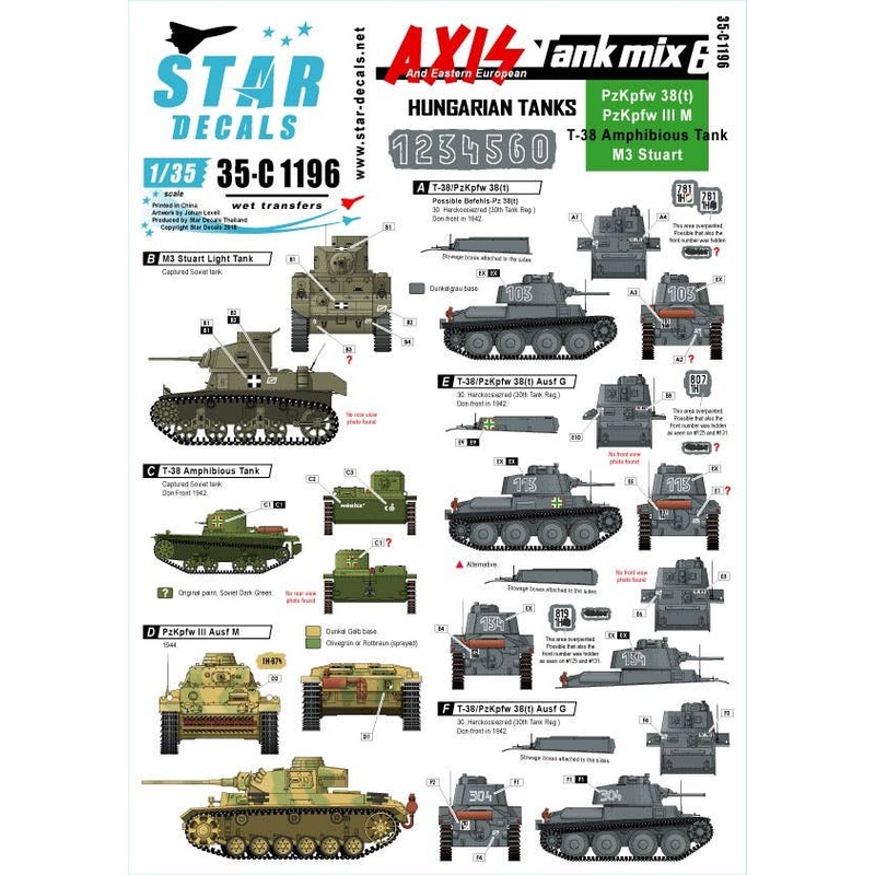 1/35 Axis Tank Mix #6 Hungarian Tanks Mix PzKpfw 38 (t), PzKpfw III Ausf M, T-38 Amphibious Tank, M3 Stuart (ex Soviet)