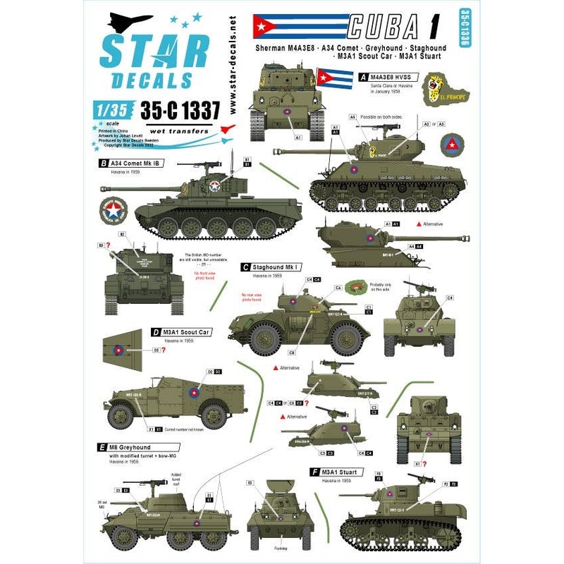 1/35 Cuba Army Tanks and AFV # 1 M4A3E8 Sherman A34 Comet Stag Hound Greyhound M3A1 Scout Car M3A1 Stuart