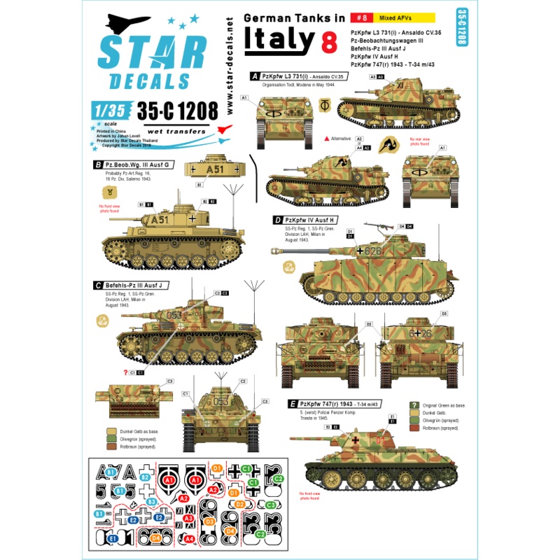 1/35 German Tanks in Italy #8 CV 35, Pz-Beob Wg III, Bef-Pz III J, PzKpfw IV H, T-35 m/1943