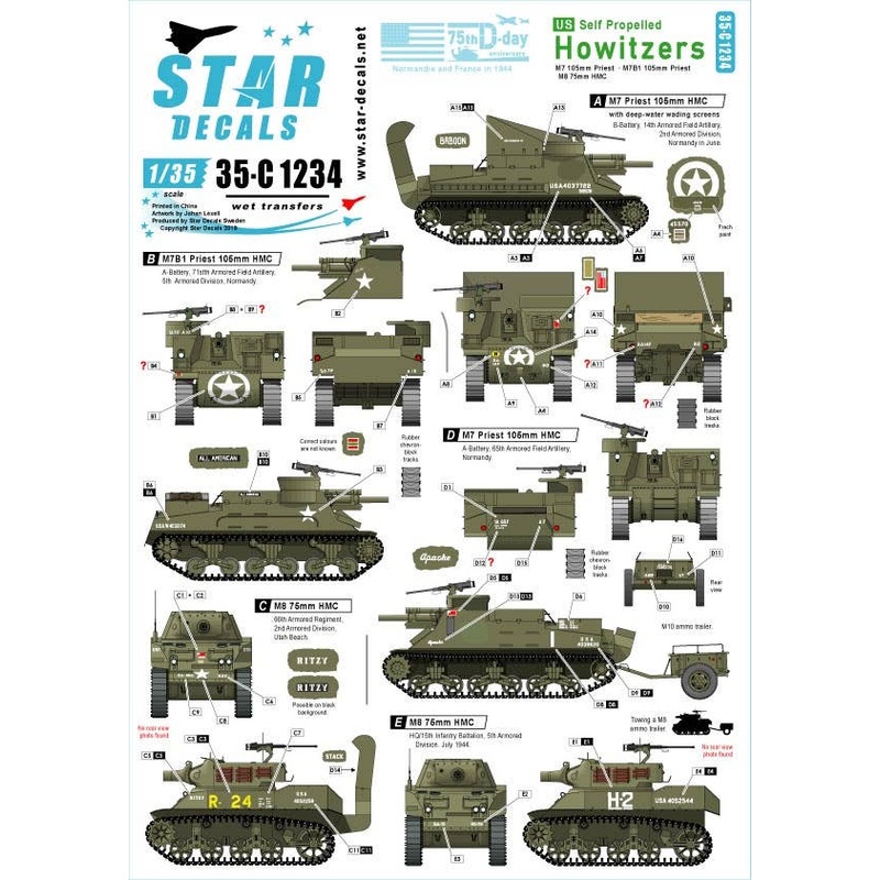 1/35 US Self Propelled Howitzers M7 / M7B1 105mm HMC Priest. M8 75mm HMC 75th-D-Day-Special Normandy and France in 1944