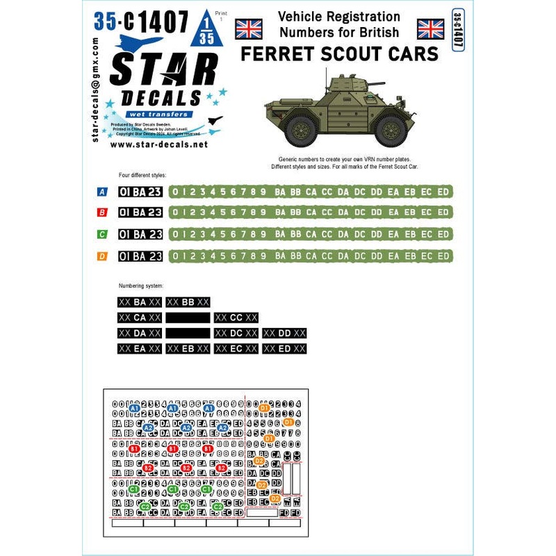 1/35 Current Vehicle Registration Number Set for the British Ferret Reconnaissance Armoured Car