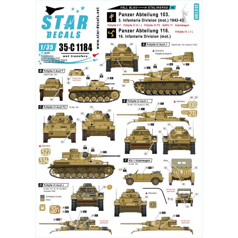 1/35 Fall Blau and Stalingrad #2 Pz-Abt. 103 / 3. Infanterie Division (mot.) andPz-Abt. 116 / 16. Infanterie Division (mot.) 1942-43.Pz II Ausf F, Pz III Ausf H, J and L, Pz IV Ausf F2, SdKfz 11, Kubelwagen