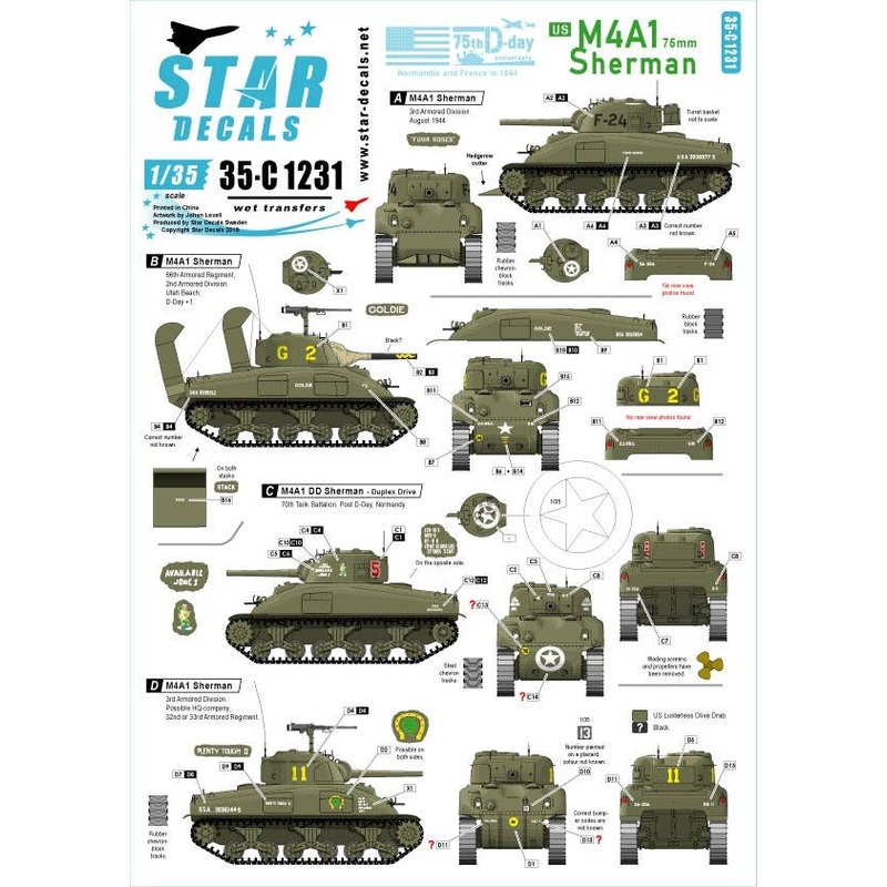 1/35 US M4A1 75mm Sherman 75th-D-Day-Special Normandy and France in 1944