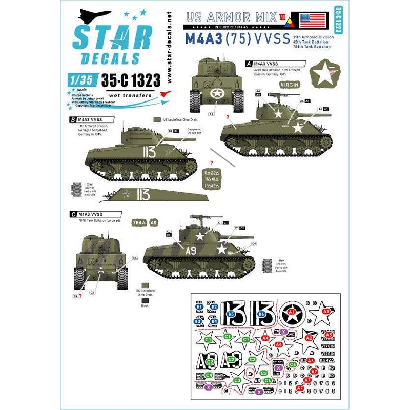 1/35 WWII US Army AFV Special #6 M4A3 (75) W 1944 - 45 in Europe 11th Armored Division 42nd Armored Division 784th Armored Division