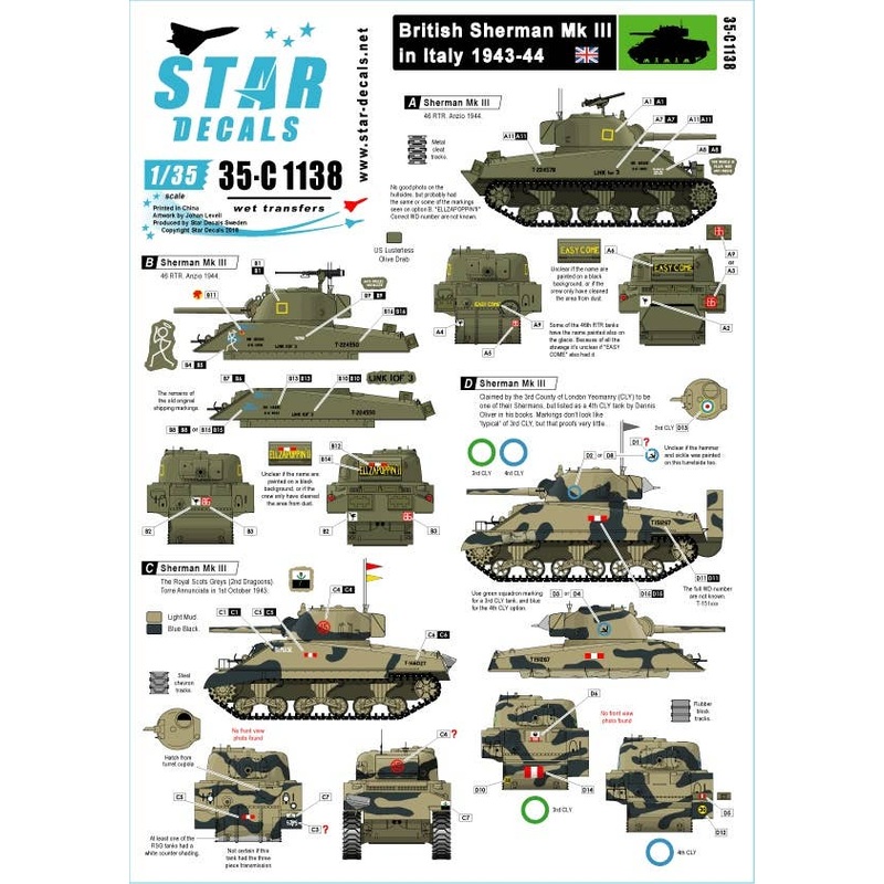1/35 British Sherman in Italy 1943-44 Sherman Mk III. 46 RTR, Royal Scots Greys, 3rd or 4th CLY