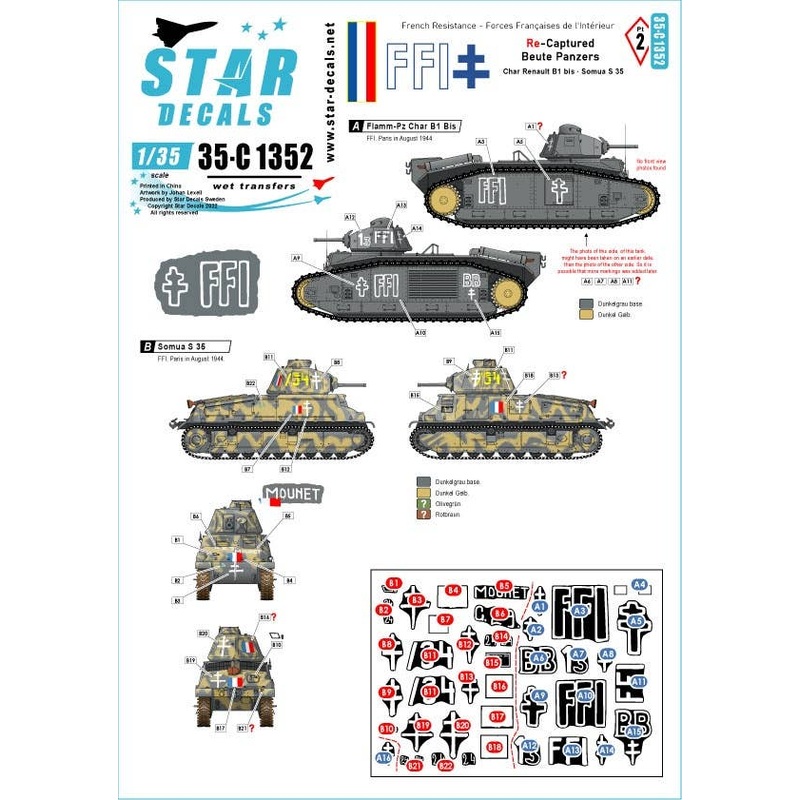 1/35 WW.II FFI #2 French tank Recaptured by FFI (French Home Army) Renault B1bis Somua S35