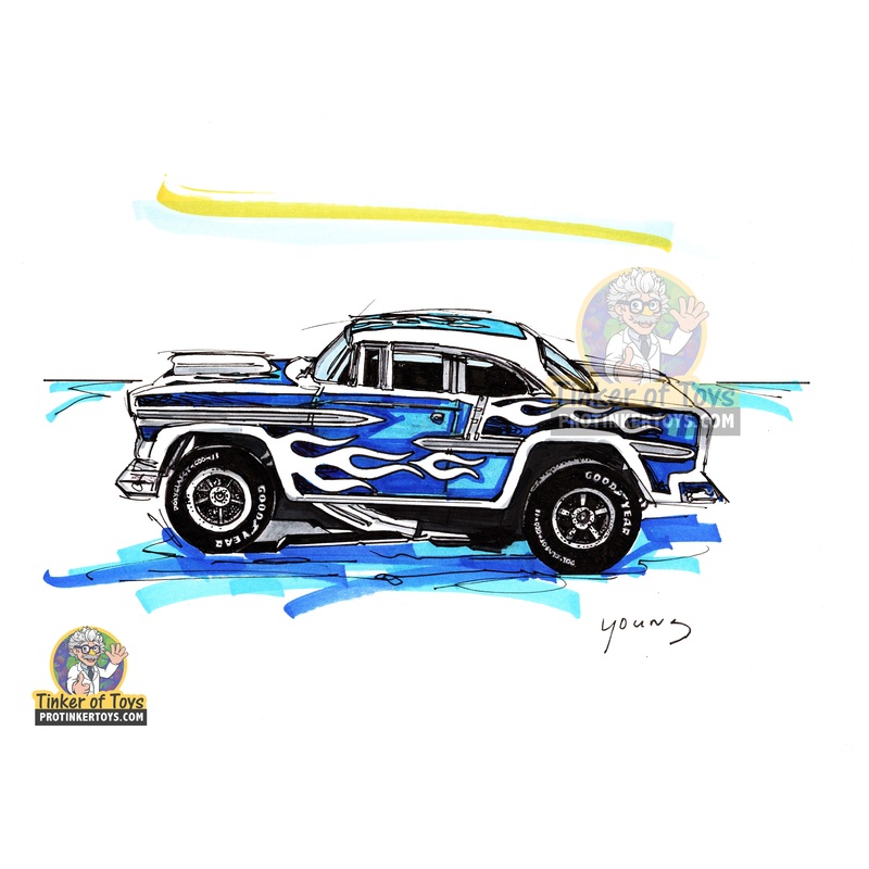 {ARTWORK} Auto World Xtraction R30 1955 Chevrolet Bel Air (Blue-White) Ho Scale Slot Car Sketch Print | 8x10 | Timothy W. Young